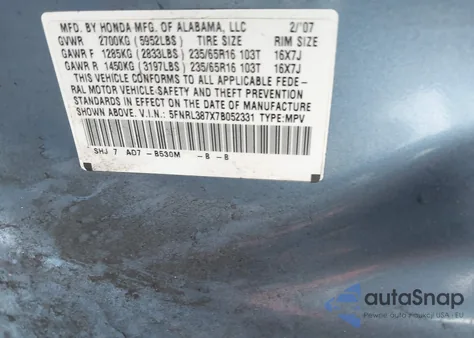 2007 Honda Odyssey Ex-L from USA, damaged, VIN 5FNRL387X7B052331